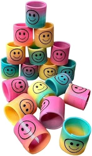 ASPIRE UK Rainbow Springs - 24 x Small Mini Slinky Smiley Face Rainbow Springs Fidget Gift Bag Fillers for Kids - Bulk Party Toys for Boys, Girls & Kids
