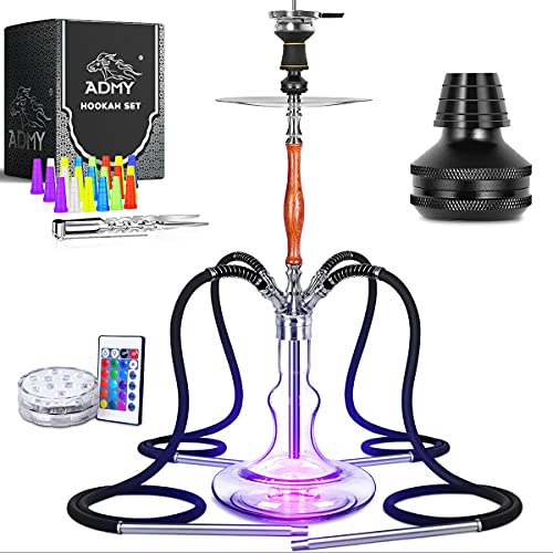 ADMY Shisha Set, Edelstahl V2A 95cm Hookah Komplettset Wasserpfeife mit 4 Anschlüssen | Aluminium Molassefänger | Holz…