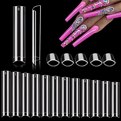 600PCS No C Curve Nail Tips for Acrylic Nails Professional, XXL Clear Nail Tips Straight Square Flat Nails Tips, Extra Long Acrylic Nail Tips Half Cover Fake Nails for Nail Salon and Home DIY 12 Sizes