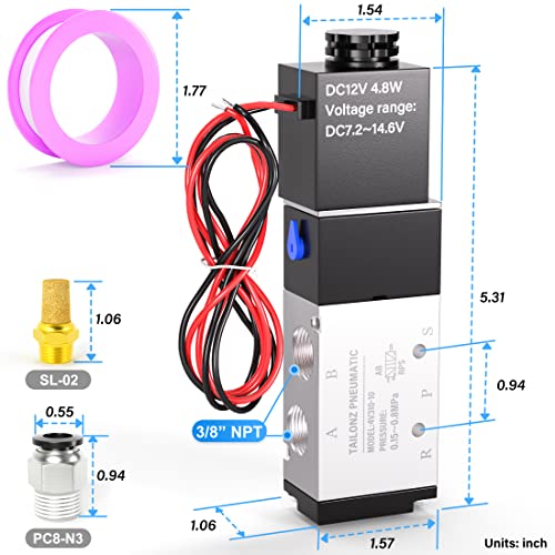 Image of TAILONZ PNEUMATIC 3 /8 inchNPT 12V Solenoid Valve 4V310-10 12V /24V /110V /220V Single Coil Pilot-Operated Electric 2 Position 5 Way Connection Type(Outlet wire)