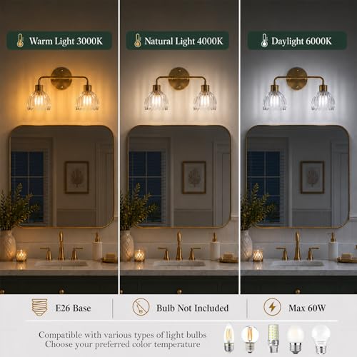 Image of 4-Light Gold Brass Bathroom Light Fixture with Clear Tulip Glass Shade,Wall Sconces,Vintage Vanlity Light Over Mirror,Bathroom Wall Light,E26 Socket(Bulbs Not Included) ASIN B0FVG