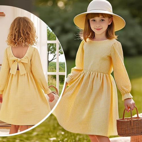 Little Bitty New Girls' Long Sleeve Plaid Pattern Bowknot Backless Waist Student School Uniform Party Dress 4-13 Years Old3