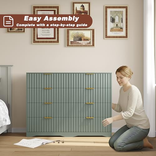 Image of Fluted 8 Drawer Dresser for Bedroom, 55 inch Wide Modern Wooden Chest of Drawers with Metal Handles, TV Stand & Closet Storage Organizer for Living Room,Hallway, Green