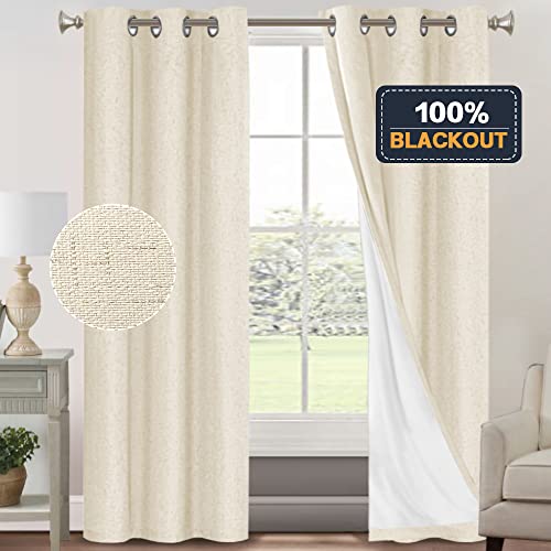 Image of PrinceDeco Linen Blackout Curtains 84 inch Length 2 Panels Set 100% Blackout Linen Texture Curtains for Bedroom Living Room Window Treatment Drapes with White Liner,Bleached Sand,42 inch W x 84 inch L
