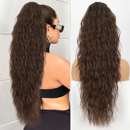 KooKaStyle Ponytail Extensions, 30 Inch Drawstring Clip-on Long Wavy Ponytail Synthetic Curly Hairpieces for Women and Girls (30 Inch, Medium Brown)
