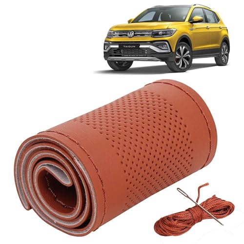 Image of KINGSWAY PU Leatherite Car Steering Cover Sewable Compatible with Volkswagen Taigun (Year 2021 Onwards), Tan Color with Tan Thread, Pack of 1 with Sewing Needle and Thread