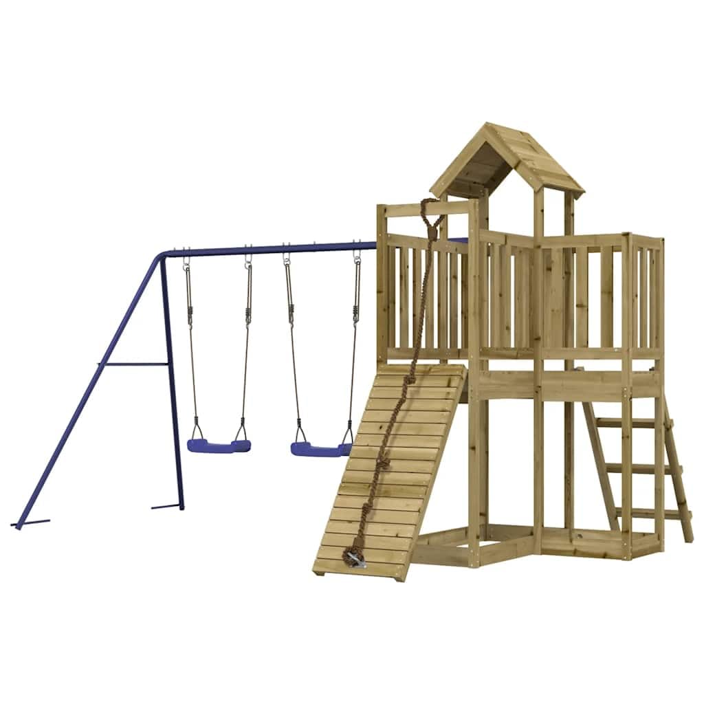 Torre da gioco in legno di pino impregnato con parete da arrampicata, doppia altalena, sabbiera e scala a maglia per giardino, parco giochi all'aperto, movimento e promozione delle capacità