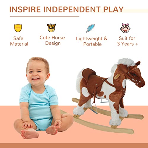 Qaba Kids Metal Plush Ride-On Rocking Horse Chair Toy With Nursery Rhyme Music - Light Brown/White #TOP5