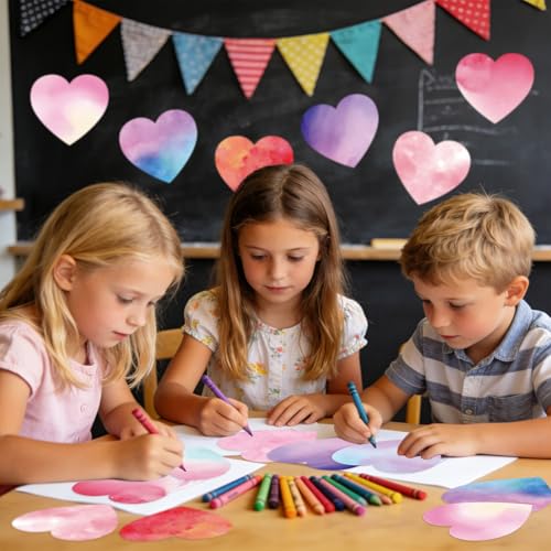 Image of Vuzvuv 54Pcs 6In Watercolor Heart Paper Cutouts with 100Pcs Glue Points for Wall Bulletin Board Decorations, Heart Cut Out for Classroom, DIY Crafts & Party Banners
