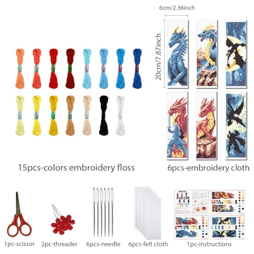Image of FREEBLOSS 6 Set Cross Stitch Bookmark Kit Stamped Cross Stitch Kit Dark Dragon Embroidery Set with Instruction for Adults 8''*2.4''