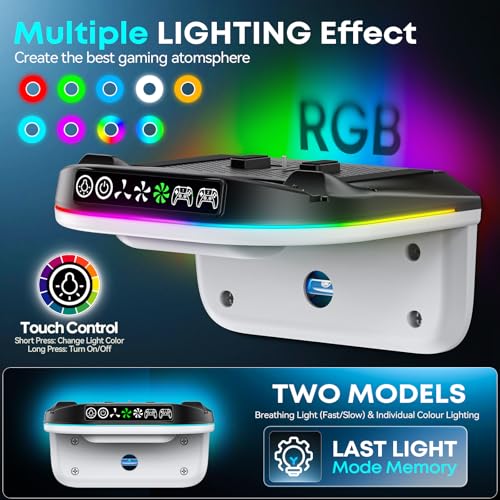 Image of P S5 Wall Mount Kit with Cooling Fan and Charging Station Compatible with PS5 / Slim / Pro Disc and Digital, PS Five Floating Shelf with 9 RGB Lights, PS 5 Mount Behind TV, P5 Accessories for Gaming, Black and White