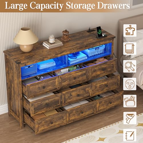 Image of Wodeer 9 Drawer Dresser for Bedroom with LED Lights, Charging Station, Wood Chest of Drawers with Metal Handles, Modern TV Stand & Storage Organizer for Living Room, Hallway, Brown