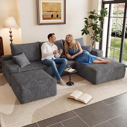 Image of 95 inch Cloud Sectional Couch with Ottoman,Modern U-Shaped Cloud Couch with Deep Seat,Comfy Corduroy Sofa,Memory Foam Sofa for Living Room,No Assembly (Dark Gray,Right-Facing Chaise)