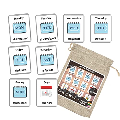 Image of Kannada English Bilingual Flash Cards | Montessori Cards | Laminated Flash Cards | Early Education (Days of The Week - 12 Cards)