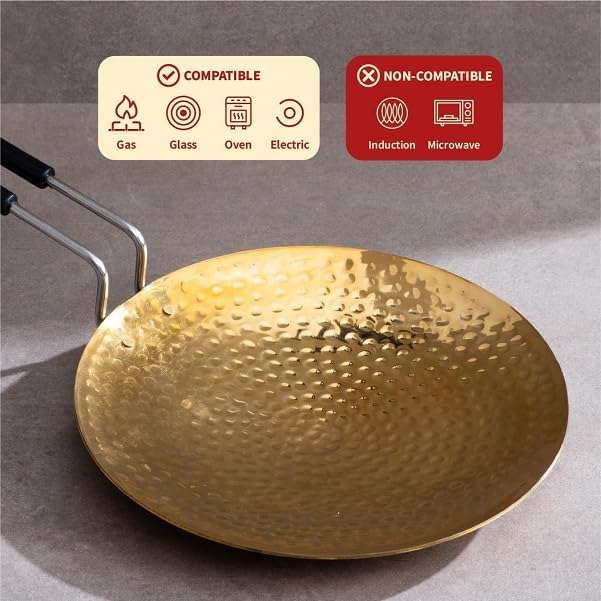 Generic Brass Roti Tawa 10" Tava with Handles, Teflon Free, Handcrafted, Medium Size, Gold Color, Heavy Duty, 10" Diameter, 0.2" Height, No Nonstick Coating, For Cooking Roti/Chapati