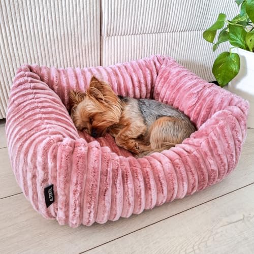 4L Textil Bella Plüsch-Hundebett Premium-LINE Kuscheliges Hundekörbchen aus Cord Katzenkorb Hundekorb für Welpen Hundebett flauschig Hundesofa kleine Hunde (Rosa, 60x40 cm)