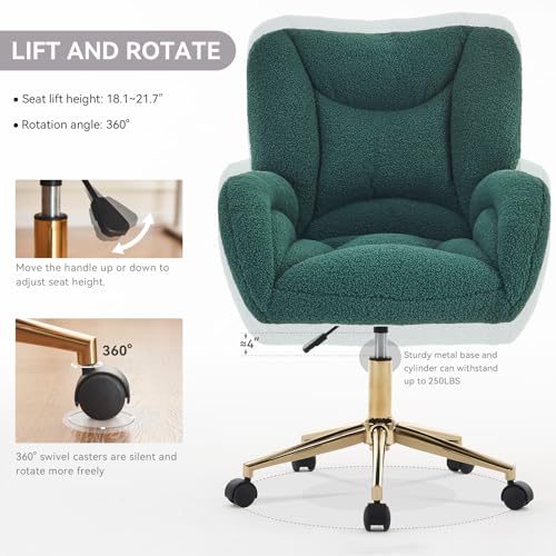 Image of FOXHUNTER Vanity Chair with Ergonomic Back & Wheels, 360 Swivel Accent Chair, Adjustable Height Home Office Chair for Living Room, Bedroom (Teddy, Green)