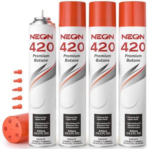 NEON Butane Refill 420ml, 11X Ultra Refined 0 Impurities Butane Fuel, Premium Universal Lighter Fluid with Metal Nozzle and 5 Butane Gas Refill Adapters for Refillable Lighters and Torches, 4 Cans
