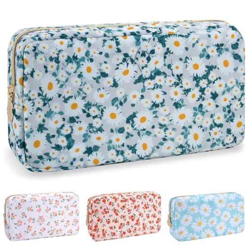 Nylon Small Floral Makeup Bag for Purse, Cute Preppy Makeup Bag Flower Cosmetic Zipper Pouch Purse, Waterproof Portable Travel Toiletry Makeup Brush Coin Pouch Organizer Storage for Women(Green-Daisy)
