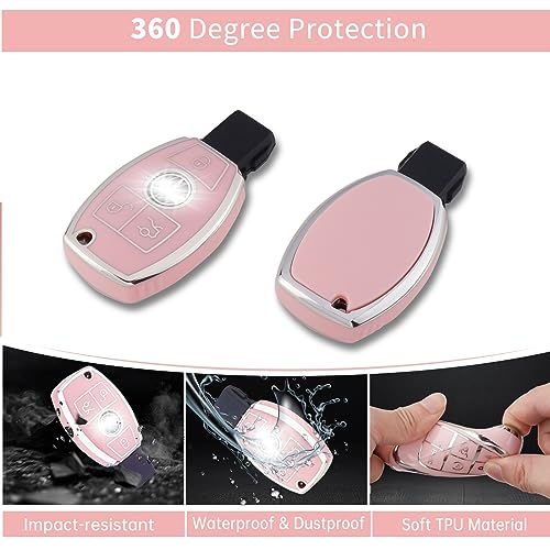Image of Pangpai Pink Key Fob Cover for Mercedes Benz, Soft TPU Key Case Protection with Bling Keychain Fit for C E S M CLS CLK G Class
