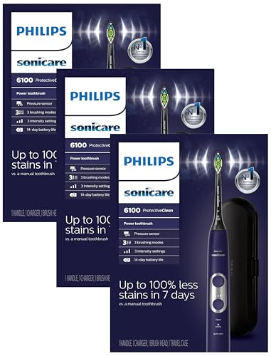 Image of Philips Sonicare ProtectiveClean 6100 Rechargeable Electric Toothbrush, Pressure Sensor, 3Cleaning Modes, SmarTimer,QuadPacer, 14-Day Battery Life, Travel Case, Deep Purple,Model HX6471 /03 (Pack of 3)