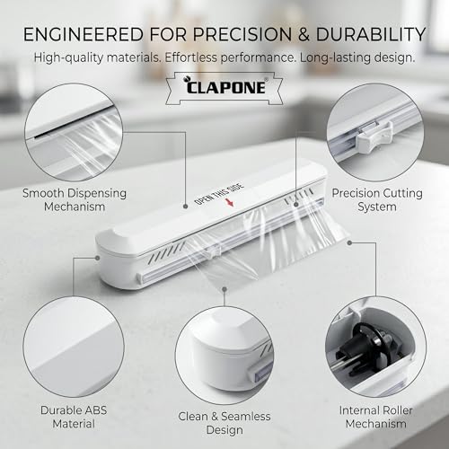 Image of Foil Paper Cutter and Holder Aluminium Foil and Plastic Wrap Organizer with Paper Towel Holder Compatible with Cling Film Tin Foil and Wax Paper Plastic Wrap Dispenser Cutter (White, Single Layer)