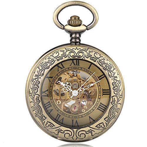 Vintage Bronze Automatic Mechanical Pocket Watch Roman Numerals Watch Pendant Carving Retro Transparent Glass Cover