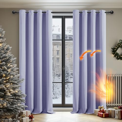 Image of Deconovo Pink Blackout Curtains Bedroom Thermal Insulated Eyelet Curtains for Living Room 46 x 84 Inch Pale Purple 1 Pair