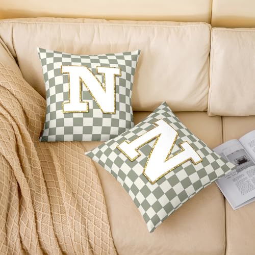 Image of Erosebridal Sage Green Checkered Throw Pillow Covers 18x18 Set of 2 Plaid Initial N Pillow Covers Personalized Monogram Cushion Cover Fashion Grids Gingham Pillow Cases for Couch Sofa
