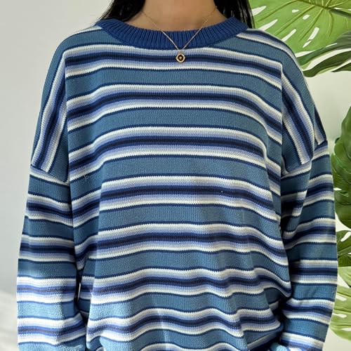 Image of Women Vintage Striped Pullover Sweater Y2k Long Sleeve Crew Neck Loose Knit Sweaters Fall Winter Knitwear