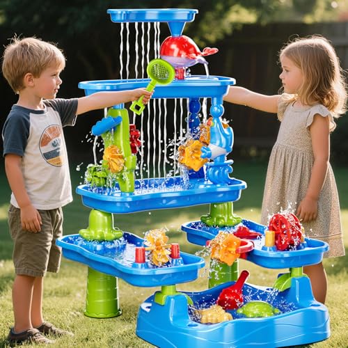 BLmukce 5-stufiger Sand- und Wassertisch mit pumpendem Elefant, Outdoor Sensorik Spielset für Kinder, Sommer Strandspielzeug für Kleinkinder 2-3 4-8 Jahre, Wassertisch mit Zubehör für Jungen Mädchen