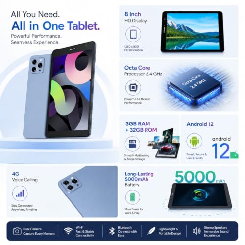 Image of IKALL N16 Tablet (8-Inch HD Display, 3GB RAM, 32GB ROM, 2.4Ghz Octa Core & Android 12, 4G Calling, 4000mAh Battery, 8MP Rear and 5MP Front Camera, Wi-Fi+Voice Calling, Blue)