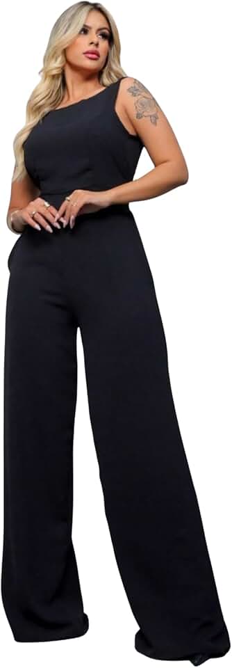 Macacão Feminino Longo Regata Pantalona Com Bolsos Linha Premium Luxo