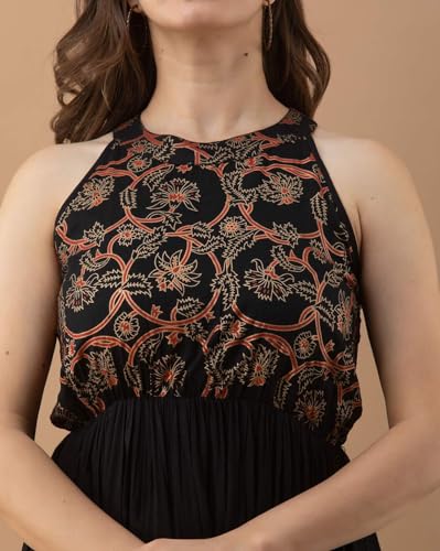 Image of Daevish Rayon Floral Printed Halter Flared Maxi Dress for Women | Women Flared Dress