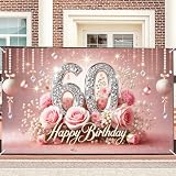 Nuxovilar 60th Birthday Banner - Elegant Pink & Gold Floral Backdrop with Glitter "60" Sign, 71x43 Inch Large Party Decor for Women & Men, Reusable Indoor/Outdoor Hanging