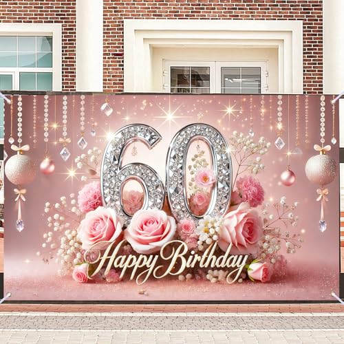 Image of Nuxovilar 60th Birthday Banner - Elegant Pink & Gold Floral Backdrop | with Glitter inch60 inch Sign, 71x43 Inch Large Party Decor for Women & Men, Reusable Indoor /Outdoor Hanging