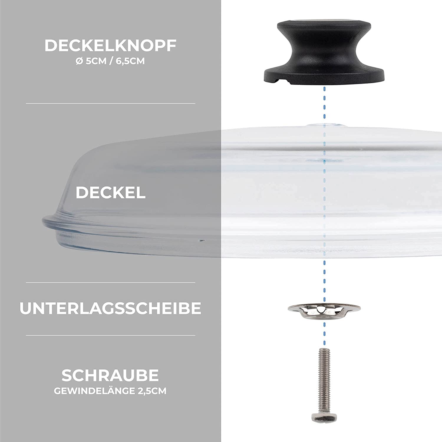 2x Topfdeckelgriff mit automatischer Entlüftung - hitzebeständig bis 240°C, Spülmaschinenfest - Deckelknopf für Glasdeckel mit Loch - inkl. Schraubmaterial - kompatibel mit allen Herstellern