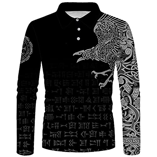 Camisetas de Polo de Manga Larga con Estampado gráfico de Moda para Hombre Camisetas de Manga Larga con Estampado de Tatuajes Vikingos