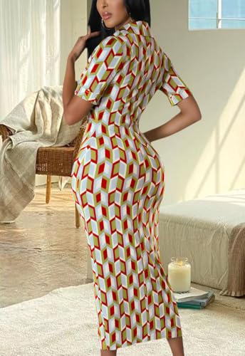Image of ZERMOM Women's Button Down Shirt Dress Short Sleeve Print Collar V Neck Summer Bodycon Midi Dresses