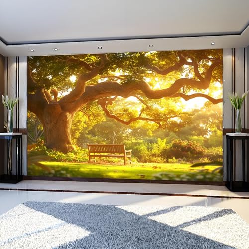 Papel Pintado Infantil Bancos de parque y grandes árboles 250 x 175 cm Amarillo Verdoso Fotomural Decorativo de Pared Tejido No Tejido