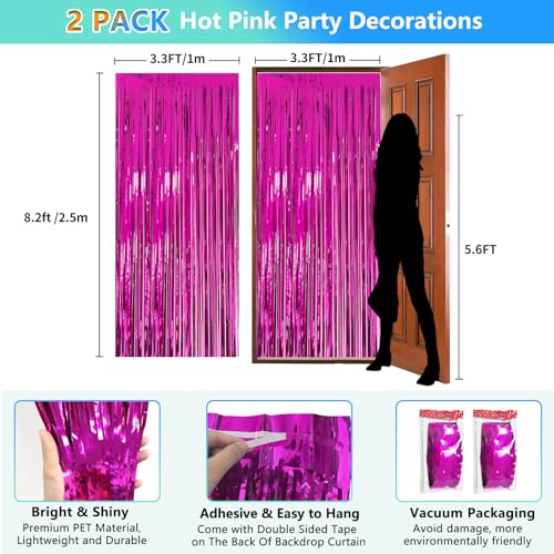 Image of 2 Pack Hot Pink Backdrop Party Decorations Tinsel Foil Fringe Curtain Backdrop Streamer Photo Booth for Wonmen Girl Pink Theme Princess Bachelorette Graduation Birthday Party Decorations