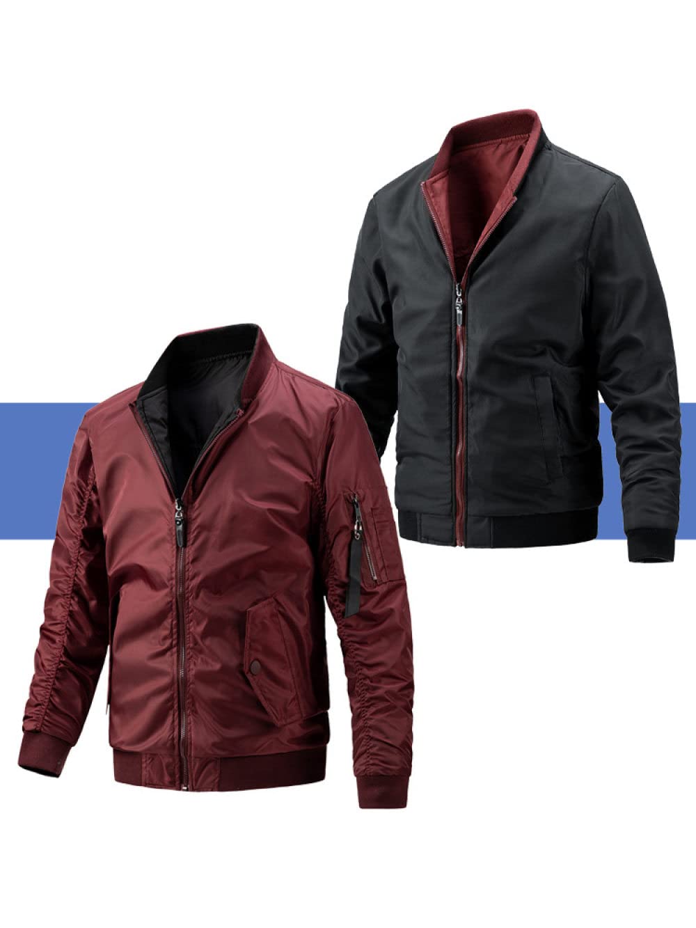 Parka Homme,Blouson Aviateur Chaud d'hiver pour Hommes Mode Court Rouge Réversible Vestes Matelassées D'Extérieur Fermeture À Glissière À Col Montant Manteaux Parka Rembourrés Matelassés Vê