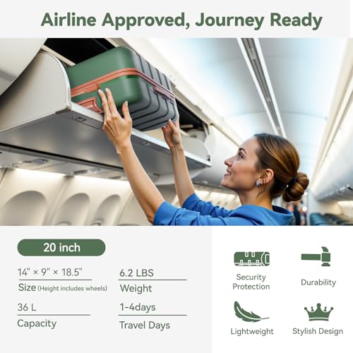 Image of Hoteel Luggage Sets 3 Piece, 4-Yr Warranty Durable Suitcase Dual-Spinner Wheel TSA Lock, Lightweight Travel Hardshell ABS Carry on Luggage for Men&Women, Forest Green(20in /DB /TB)