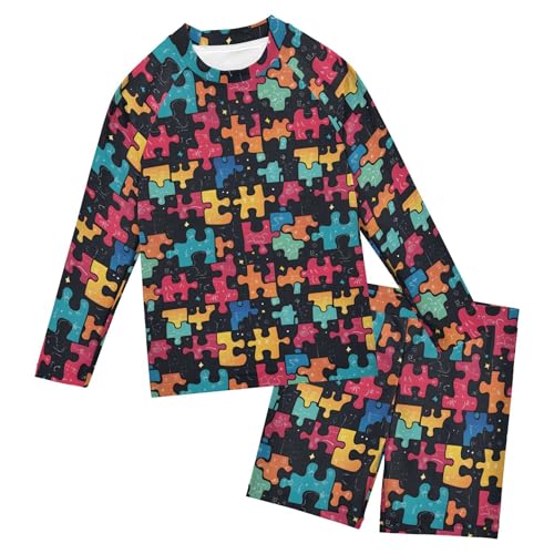 Jigsaw Puzzle Boys Rash Guard Swimsuits Set for Boys Long Sleeve Swim Shirts Bathing Suits with Trunks B0403554