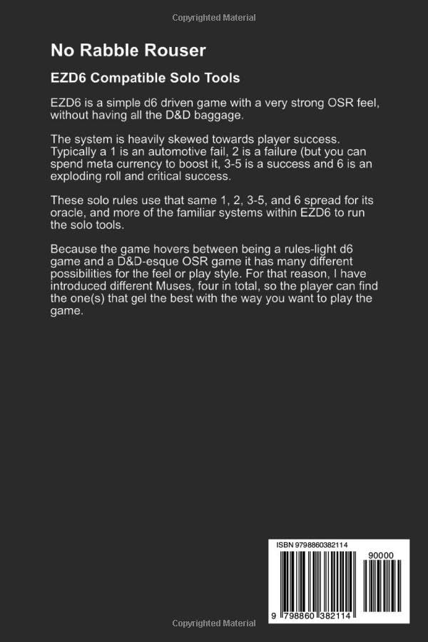 Back cover of No Rabble Rouser: EZD6 Compatible Solo Tools, showing a barcode and ISBN.