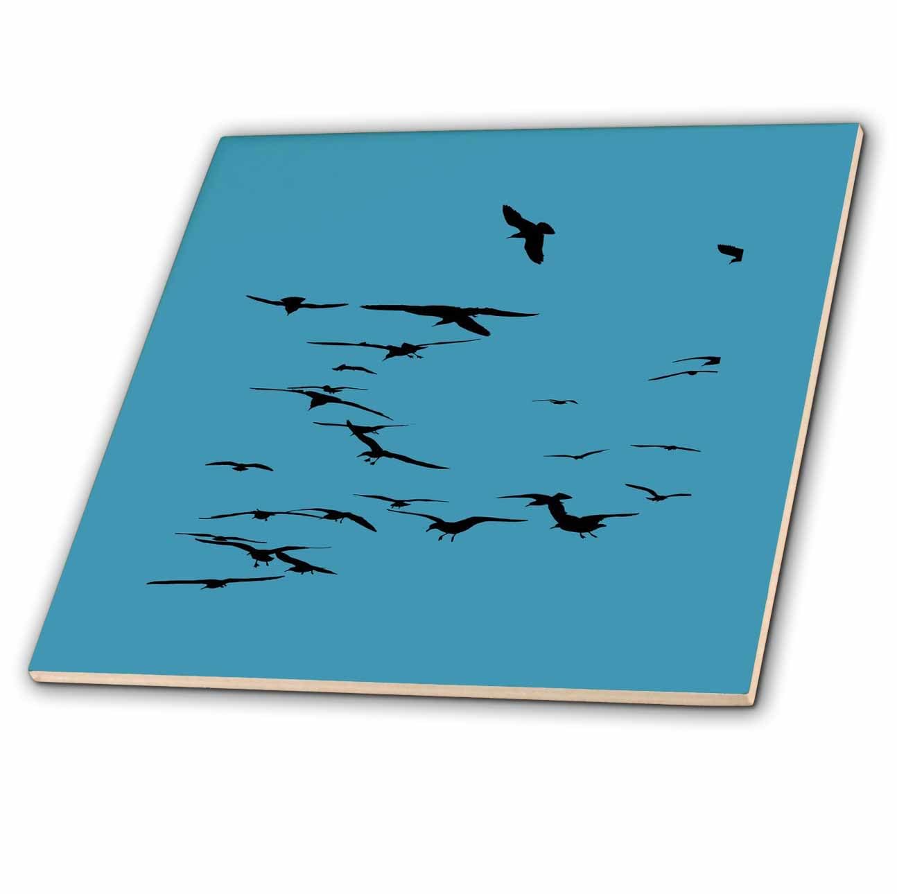 4 Inch Ceramic Tile - Happy Seagulls Flying in The Sky Black Silhouette Vector Art - Seagulls