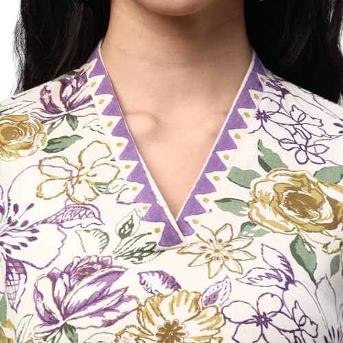Image of KAMI KUBI Printed a-line kurta with block print detail on neck and sleeve.