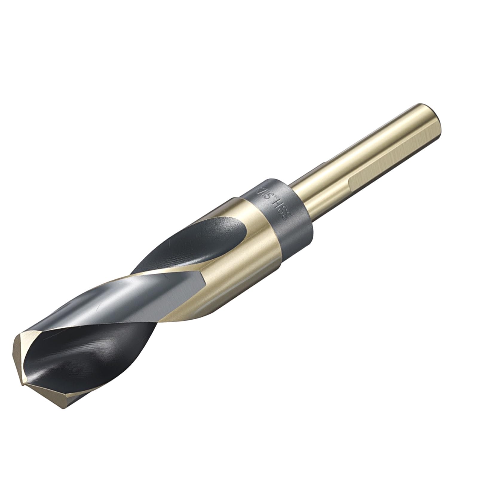 sourcing map 23.8mm (15/16") Drill Bit 1/2" Reduced 3-Flat Shank 4241 High-Speed Steel Bits Black and Gold Finish 118°Drill for Light-duty Machining Acrylic Plastic Wood Soft Metal — image 1