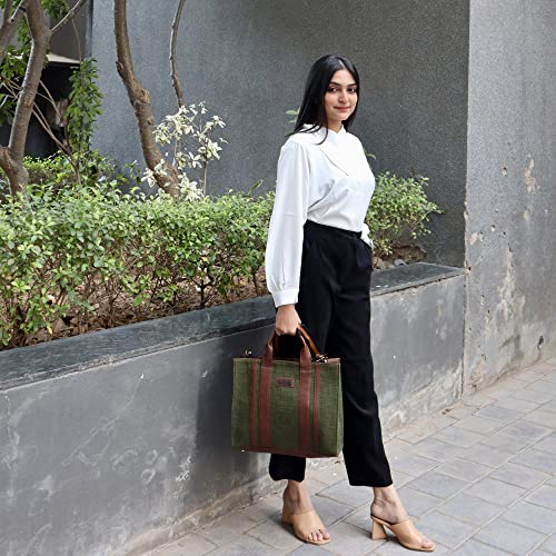 Image of Book Tote Handbag | Handloom Woven Cotton And Vegan Leather | Laptop | Tote Bags for Women For Office Use, Work | Ladies Stylish Shoulder Bag | Ethically Sourced, Lightweight