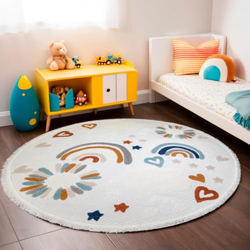 {Alfombras Infantiles Redondas Niña Alfombras Infantiles RUGURA Alfombra Infantil Redonda Habitación Niña Niño Dormitorio Arcoiris Nubes Estrellas Animales 160cm Crema Azul...